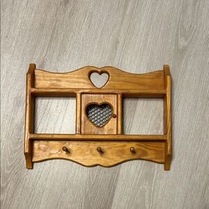 Wooden Country Heart Wall Trinket Shelf w Pegs - Honey Brown